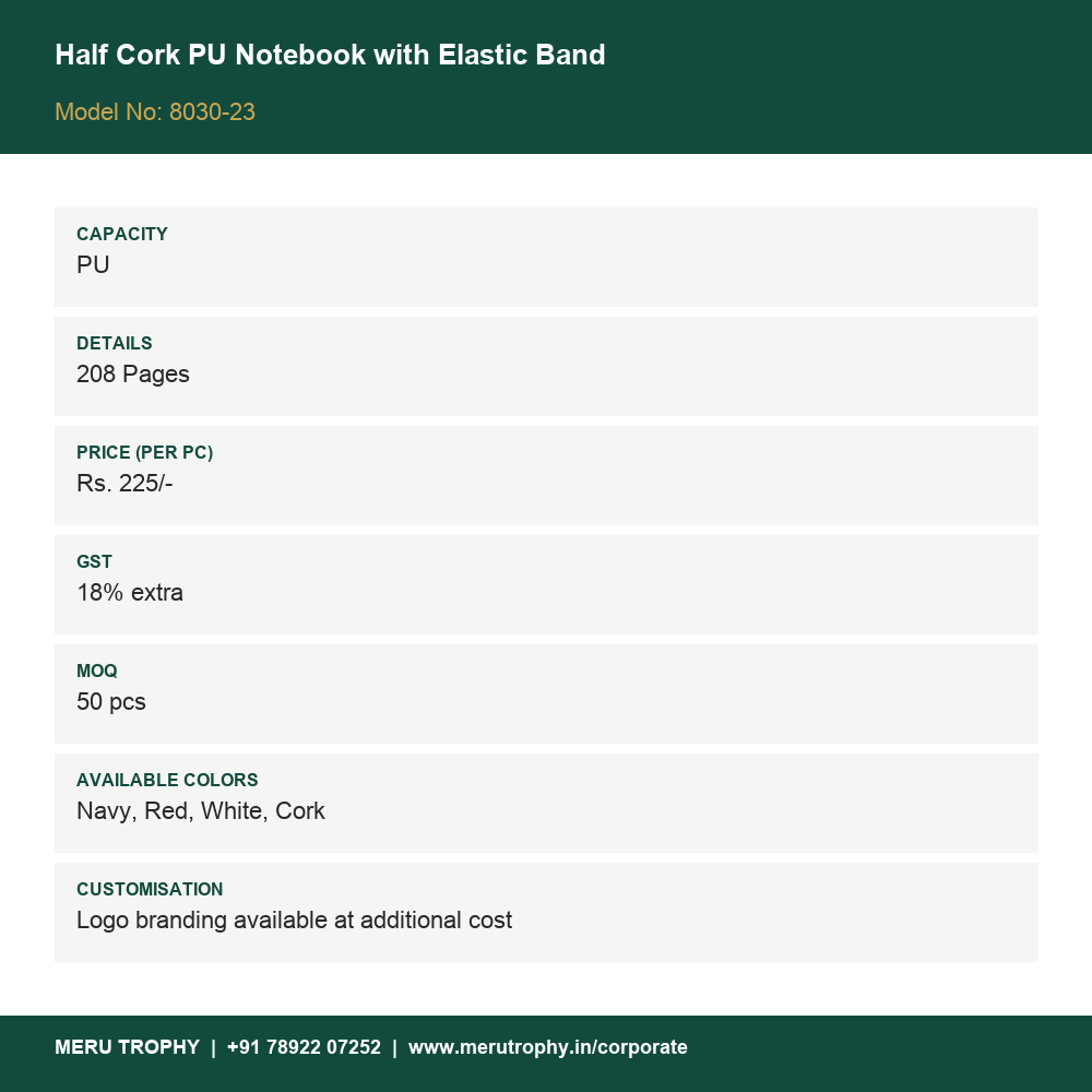 Half Cork PU Notebook with Elastic Band - product details card - Meru Trophy corporate gifting