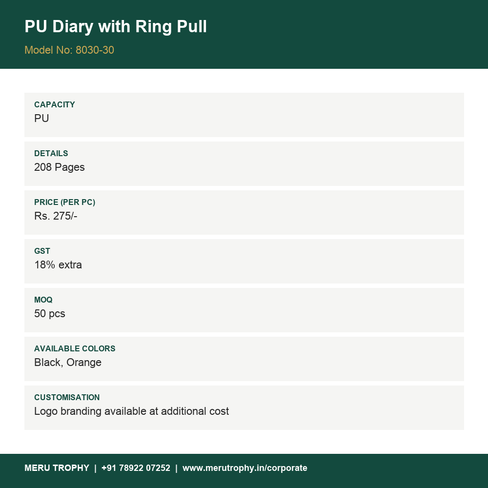 PU Diary with Ring Pull - details - Meru Trophy corporate gifting