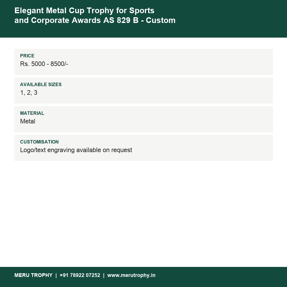 Elegant Metal Cup Trophy for Sports and Corporate Awards AS 829 B - Custom Awards details - Meru Trophy