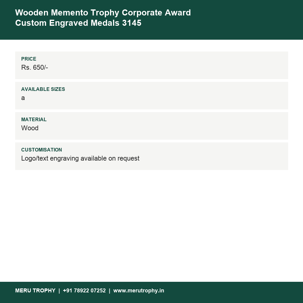 Wooden Memento Trophy Corporate Award Custom Engraved Medals 3145 details - Meru Trophy