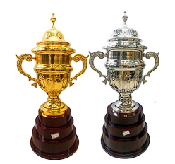 Gold and silver trophies on wooden bases with product details.
Elegant gold cup trophy