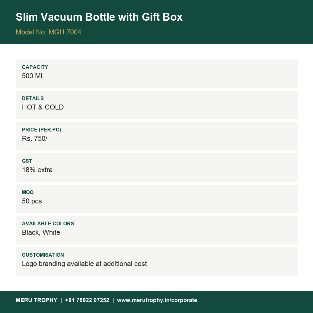 Slim Vacuum Bottle with Gift Box - product details - Meru Trophy corporate gifting