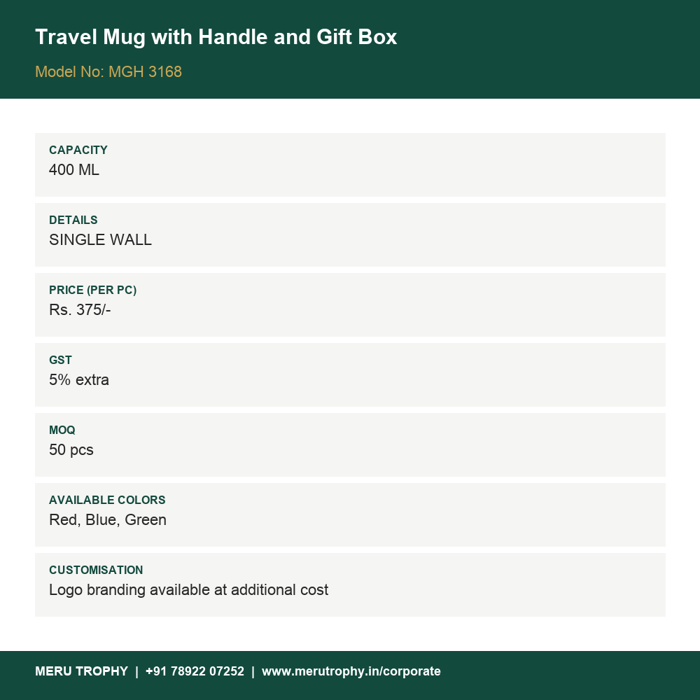Travel Mug with Handle and Gift Box - details - Meru Trophy corporate gifting