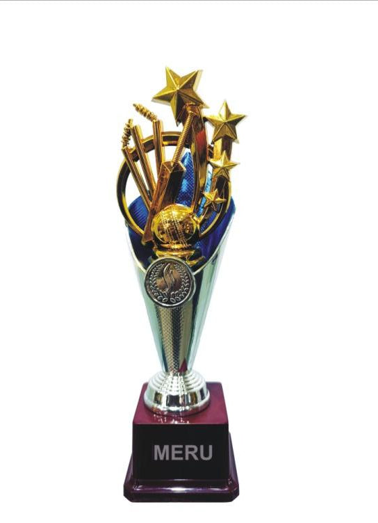 Gold and silver sports trophy with cricket bat; ball; guitar; and stars.