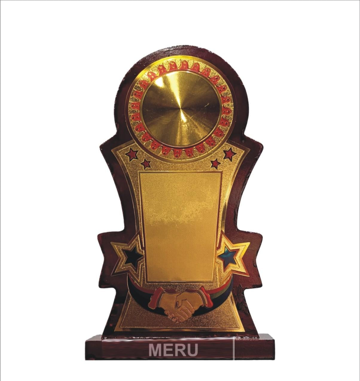 Elegant wooden custom trophy with gold plate and handshake symbol.
