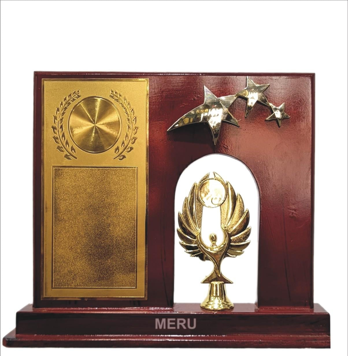 Elegant wooden trophy with golden accents; ideal for corporate awards.