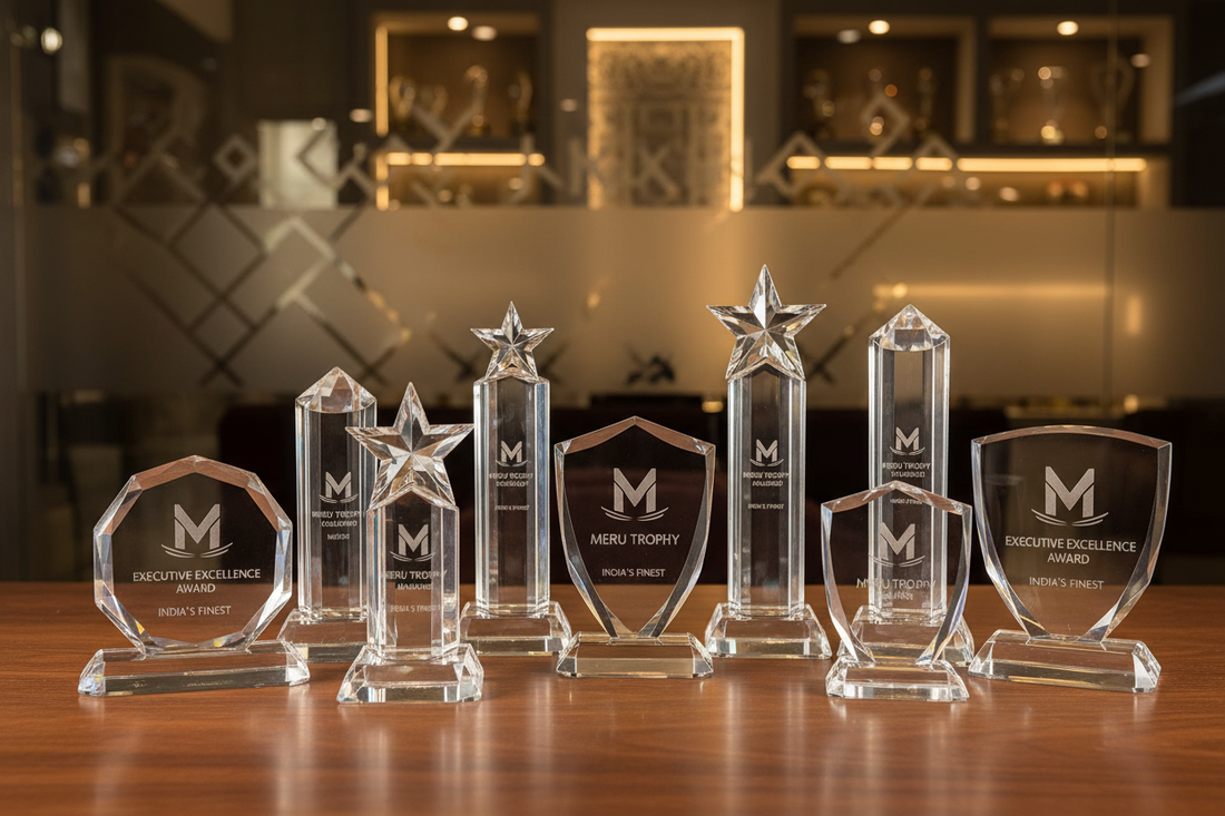 Elegant premium crystal trophies for executive recognition awards by Meru Trophy, the top trophy manufacturer in India.