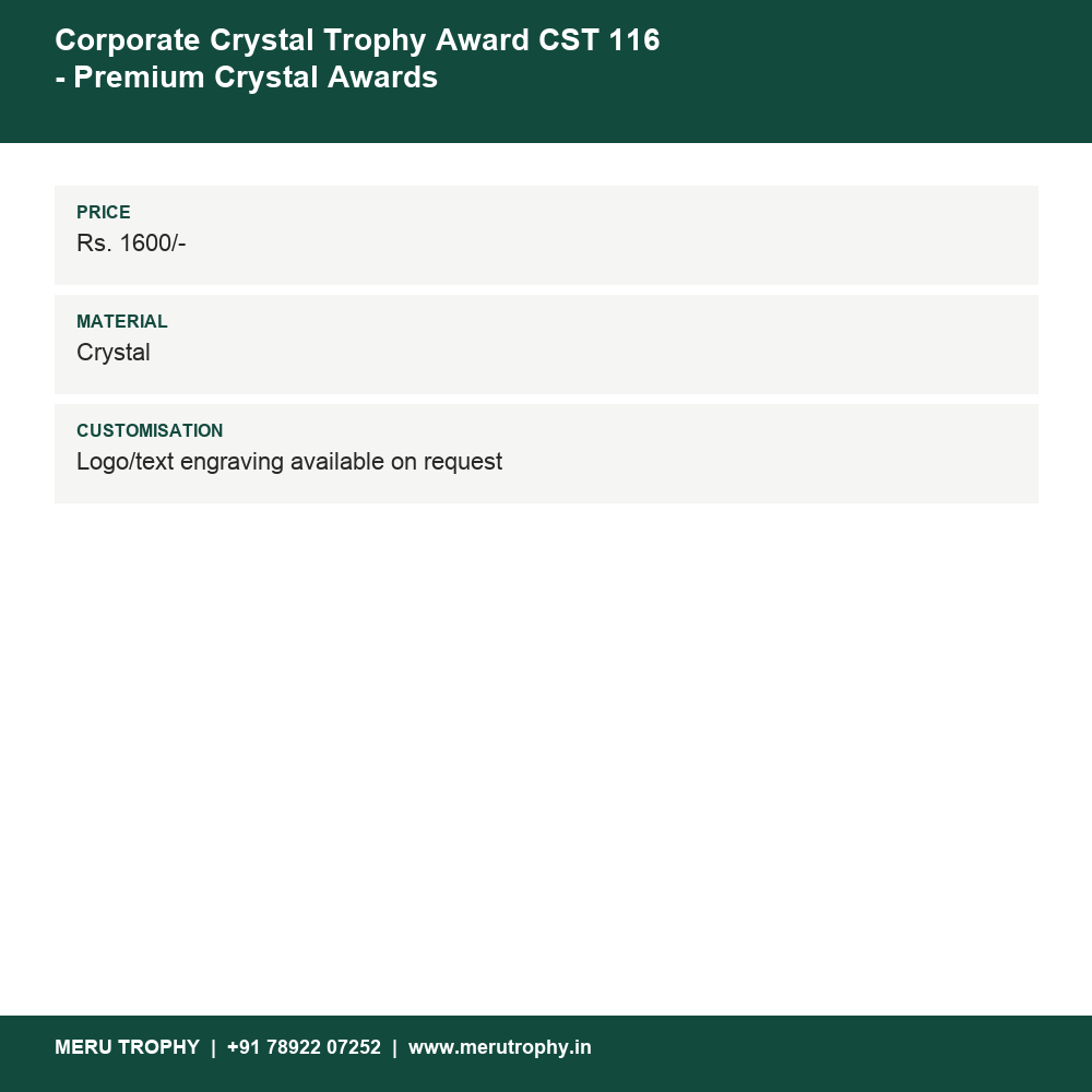 Corporate Crystal Trophy Award CST 116 - Premium Crystal Awards details - Meru Trophy