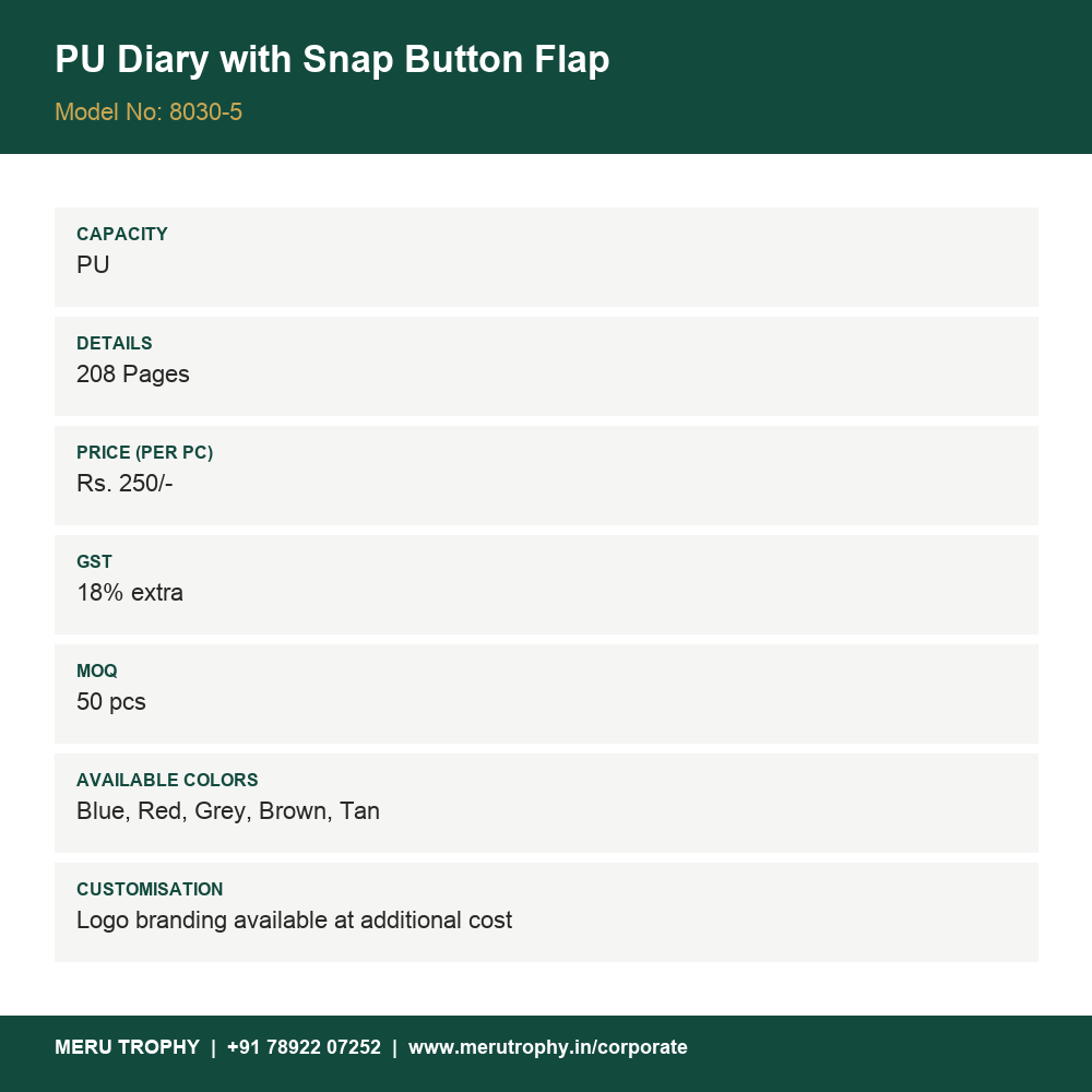 PU Diary with Snap Button Flap - spec card - Meru Trophy corporate gifting