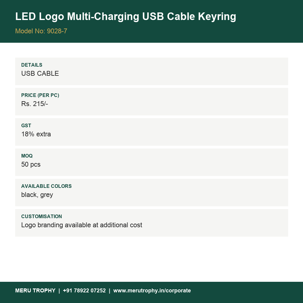 LED Logo Multi-Charging USB Cable Keyring - details - Meru Trophy corporate gifting