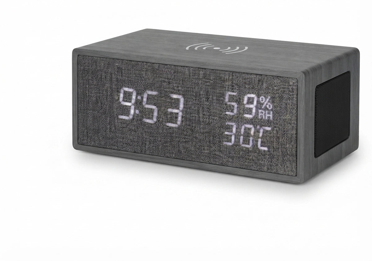 Bamboo Rectangular Digital Clock with Speaker Grille - Grey - Meru Trophy corporate gifting