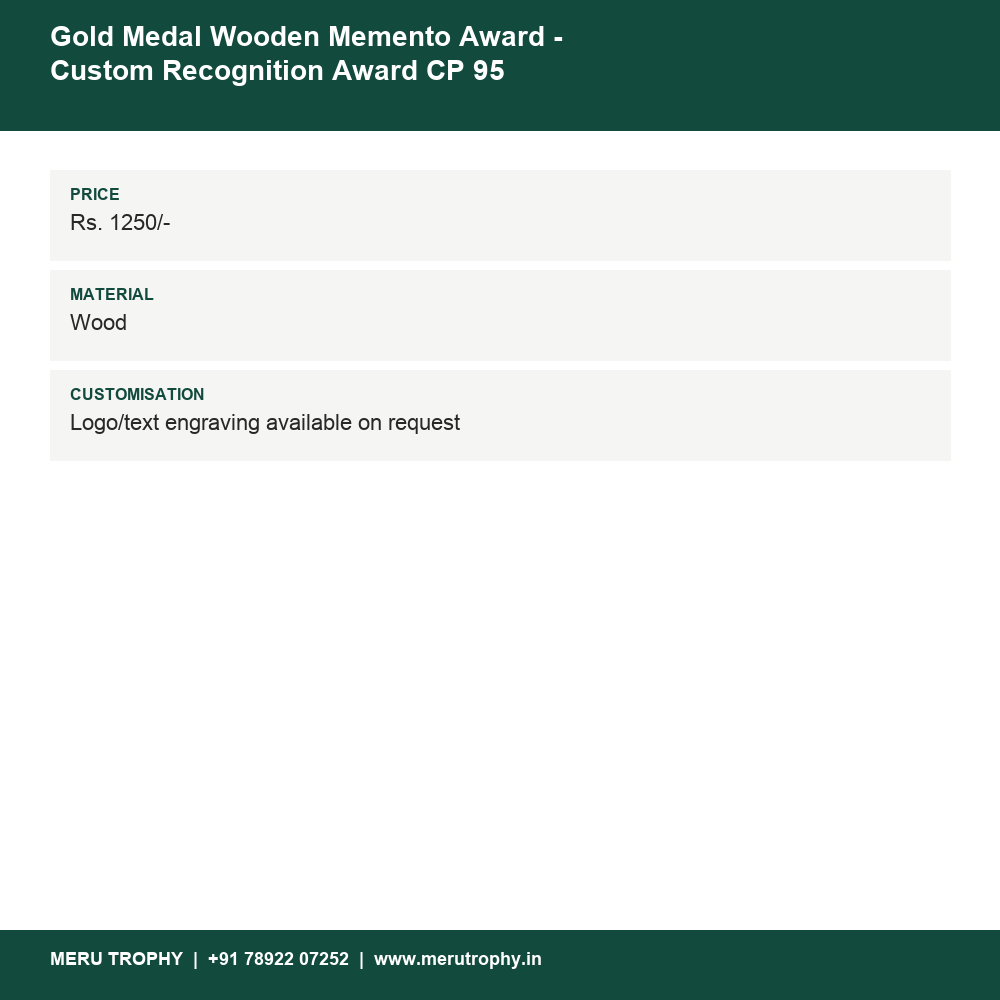 Gold Medal Wooden Memento Award - Custom Recognition Award CP 95 details - Meru Trophy