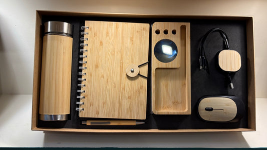 Bamboo Eco Desk Gift Set — Bottle, Notebook, Wireless Mouse & Charger