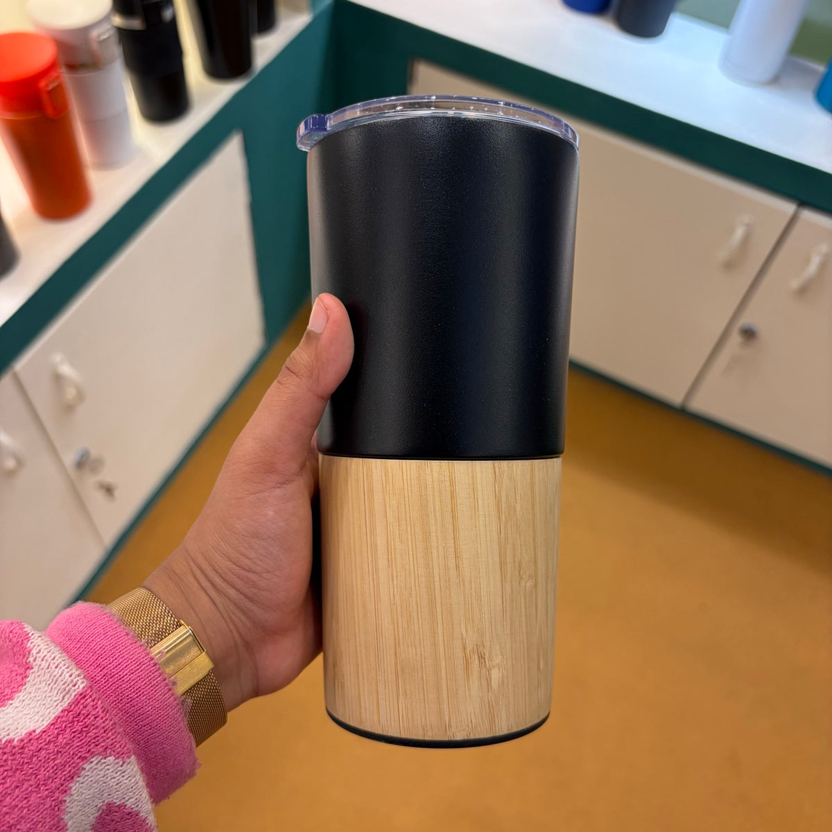Bamboo Base Insulated Tumbler - Black - real product photo IMG_9688