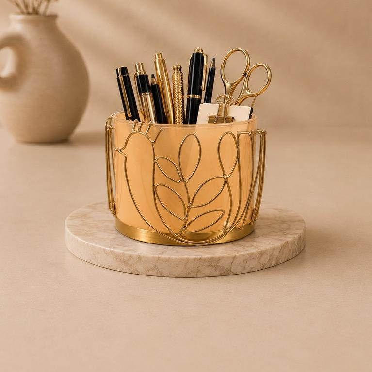 Kalam Daan Metal Pen Holder, handcrafted Moradabad leaf motif