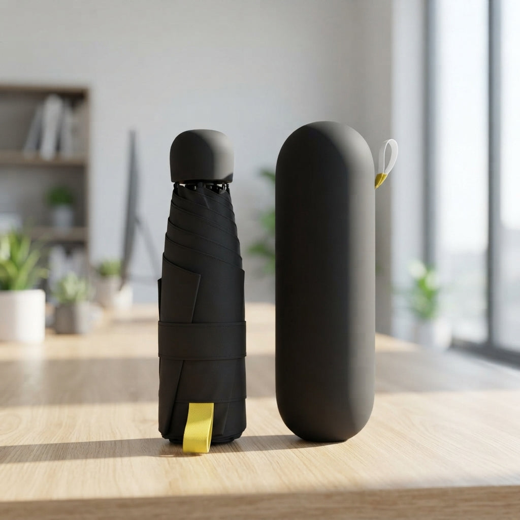 Mini Capsule Pocket Umbrella - lifestyle desk shot - Meru Trophy corporate gifting