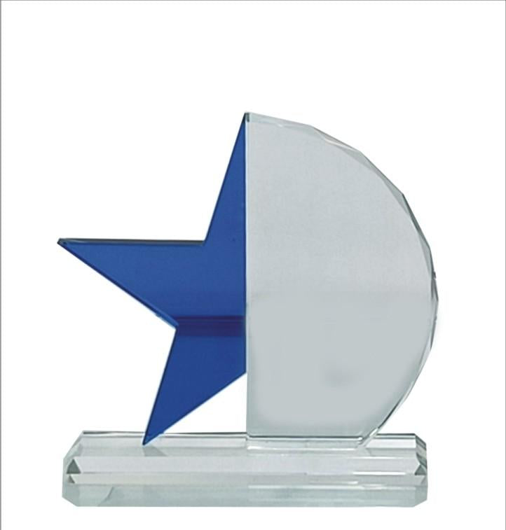 Elegant crystal trophy with a blue star; ideal for awards and recognition.
