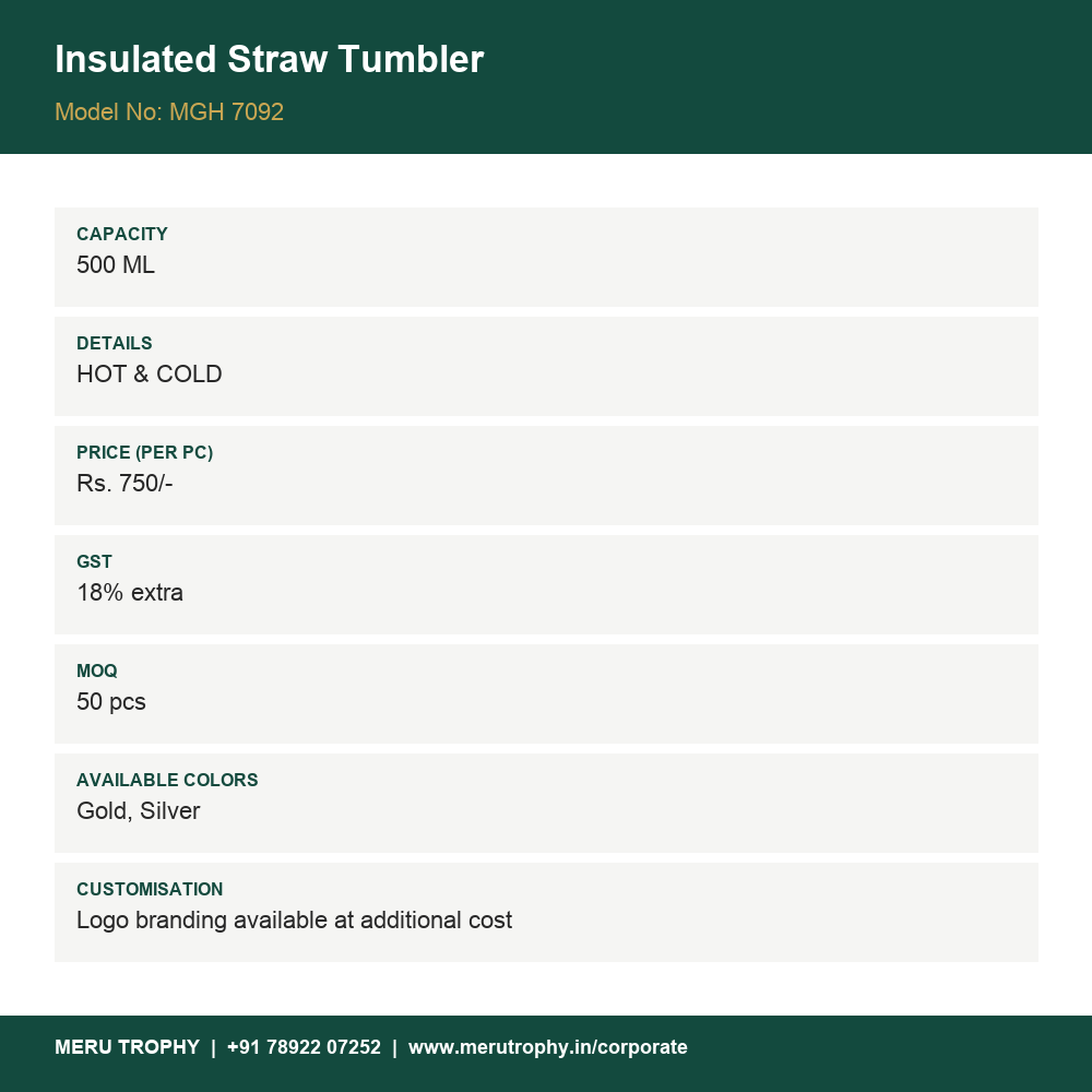 Insulated Straw Tumbler - specification card - Meru Trophy corporate gifting