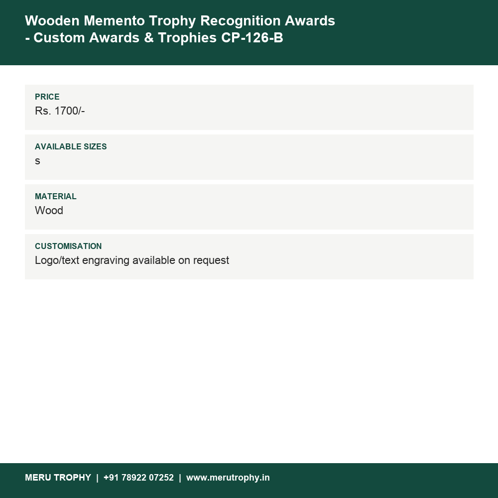 Wooden Memento Trophy Recognition Awards - Custom Awards & Trophies CP-126-B details - Meru Trophy