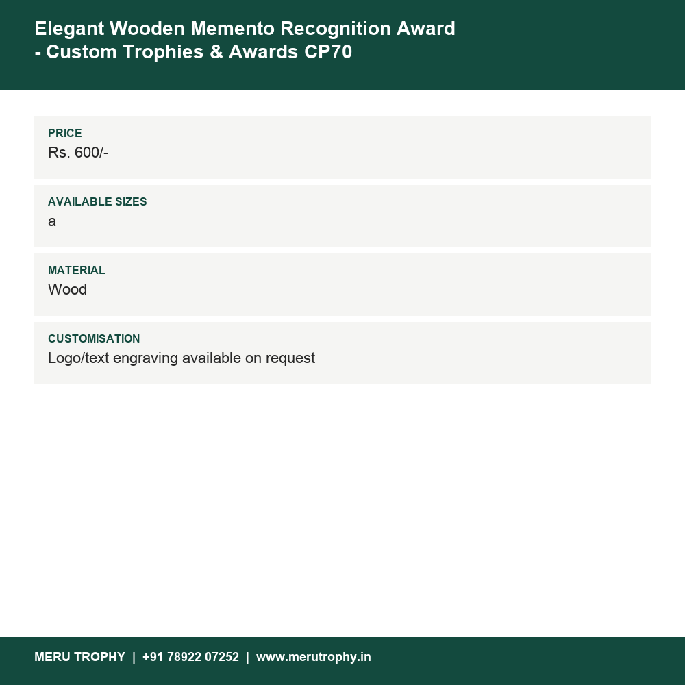 Elegant Wooden Memento Recognition Award - Custom Trophies & Awards CP70 details - Meru Trophy