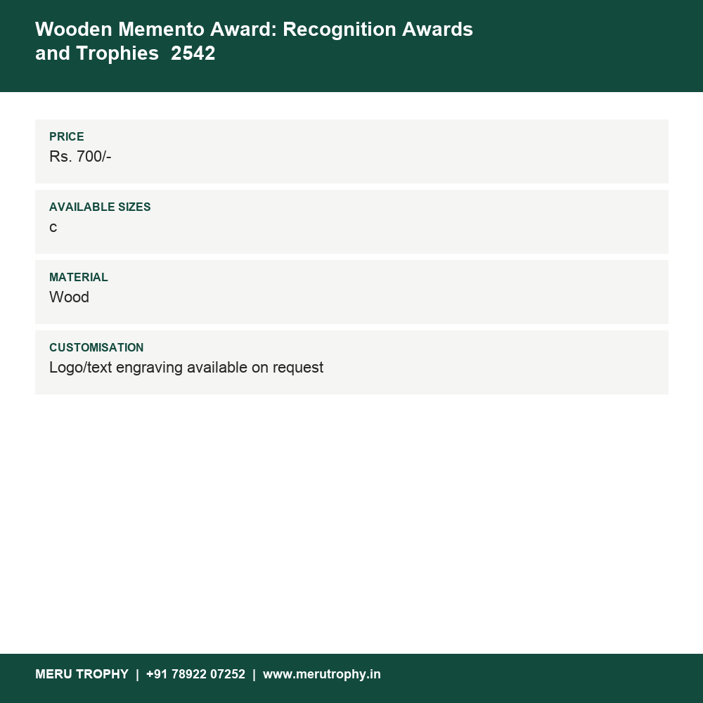 Wooden Memento Award: Recognition Awards and Trophies 2542 details - Meru Trophy