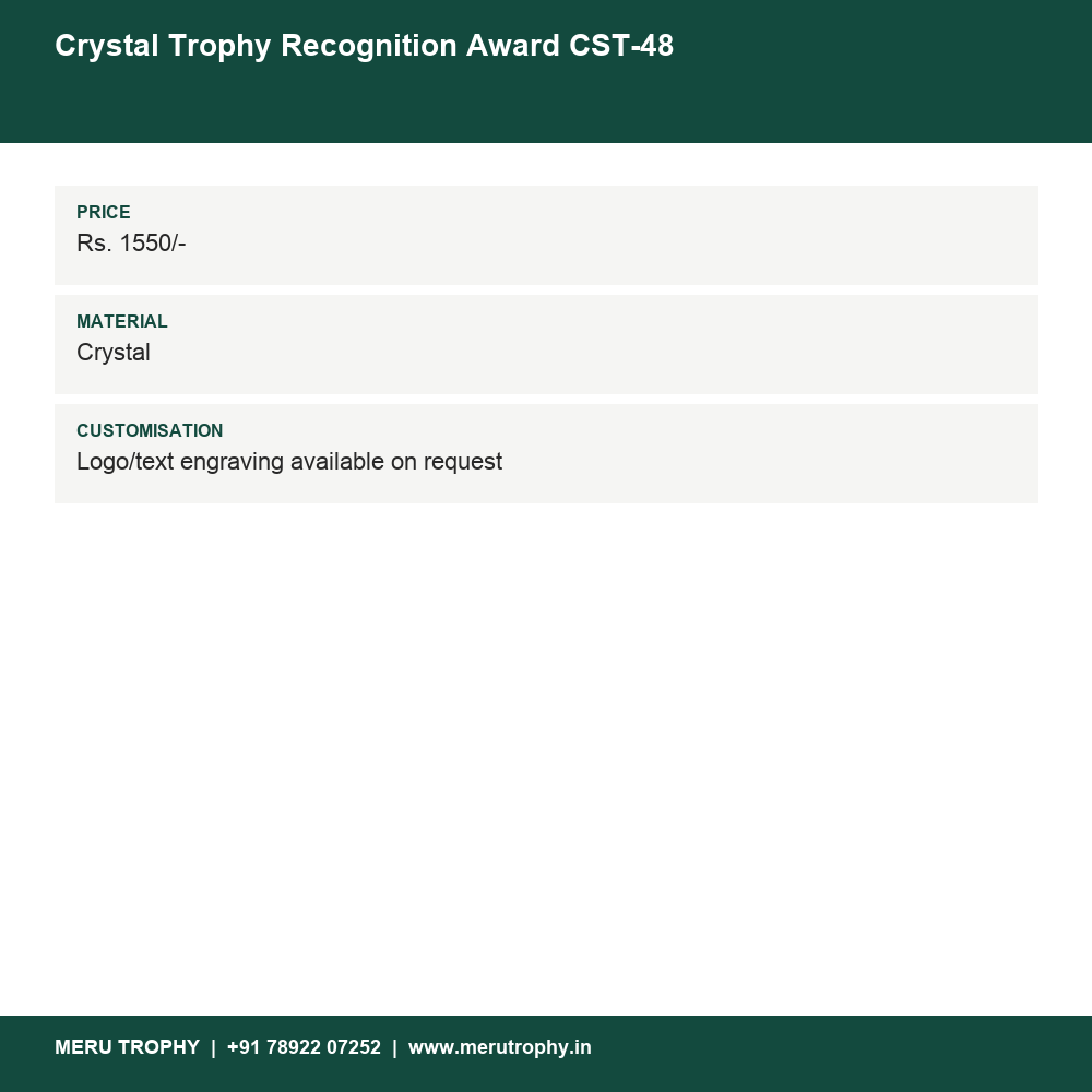 Crystal Trophy Recognition Award CST-48 details - Meru Trophy