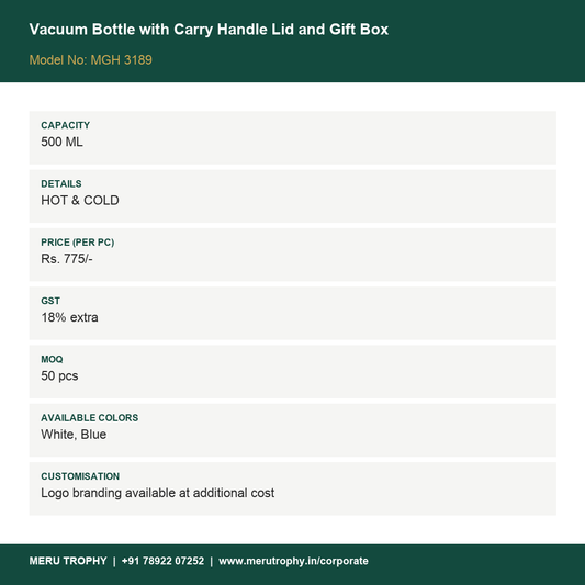 Vacuum Bottle with Carry Handle Lid and Gift Box - product details - Meru Trophy corporate gifting
