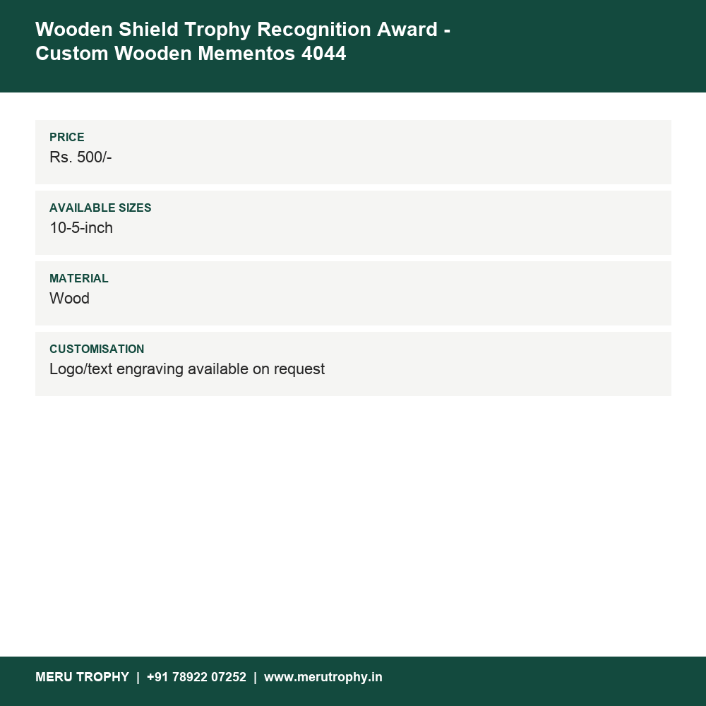 Wooden Shield Trophy Recognition Award - Custom Wooden Mementos 4044 details - Meru Trophy