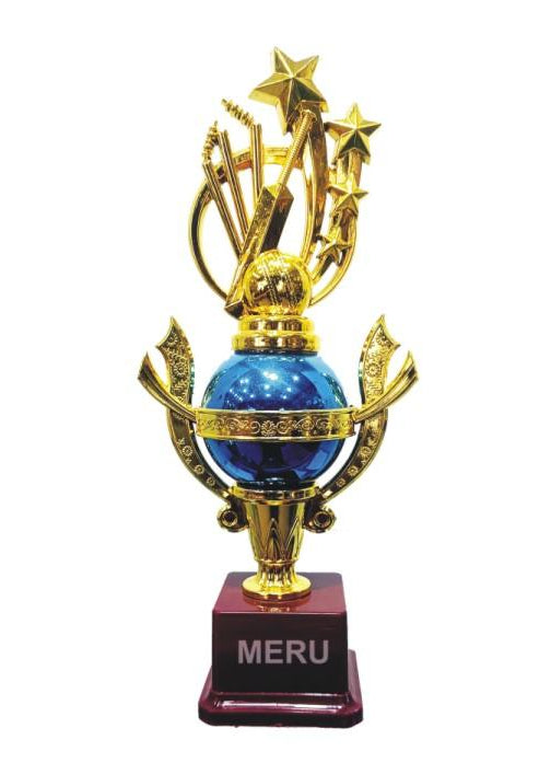 Gold and blue cricket trophy; a beautiful fiber trophy award.