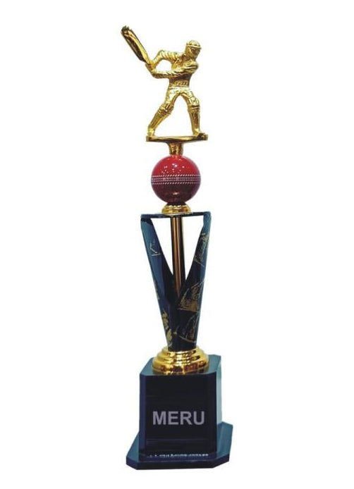 Gold batsman cricket trophy; a beautiful fiber trophy design.