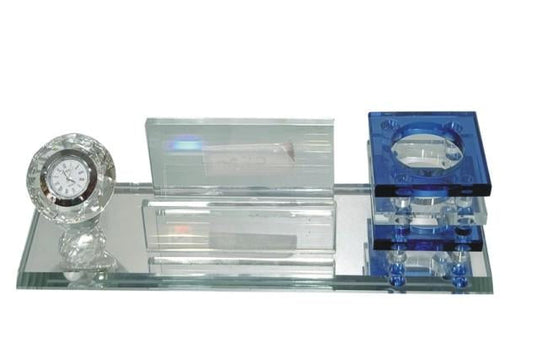 Crystal Trophy Desk Set - Corporate Award with Clock and Pen Stand