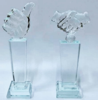 Crystal Handshake and Thumbs-Up Trophy.