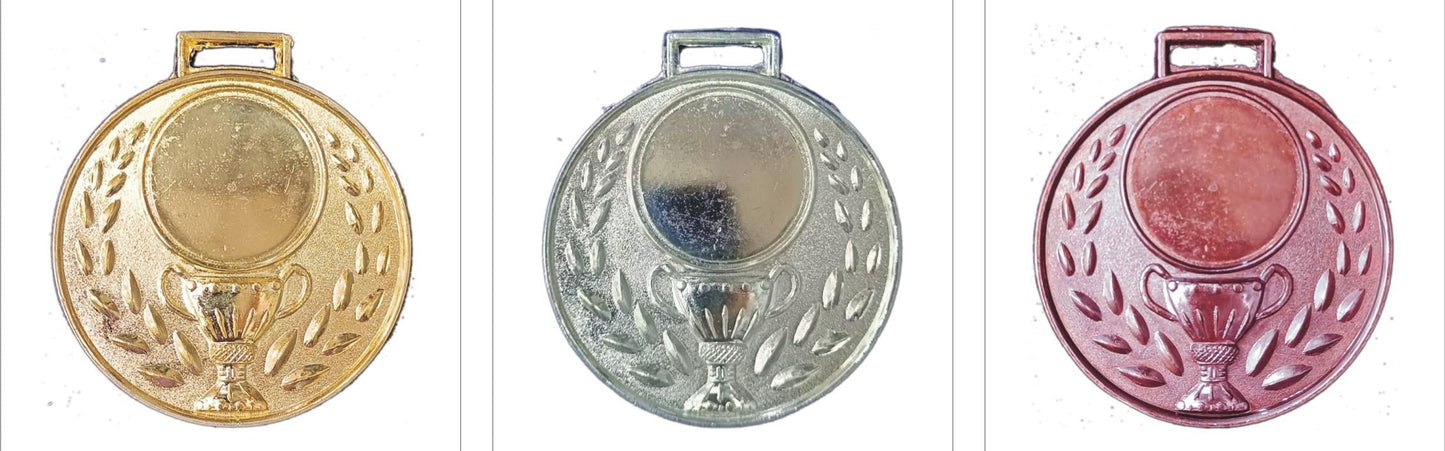 Gold silver bronze athletic medal with trophy design; perfect for awards ceremonies.