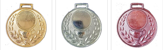 Gold silver bronze athletic medal with trophy design; perfect for awards ceremonies.