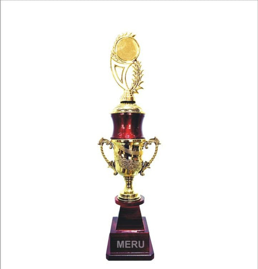 Elegant maroon and gold Fibre Trophy award; ideal for recognizing achievements.