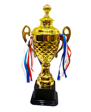 Gold trophy cup with red; white; and blue ribbons; diamond pattern; and ornate handles.