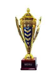 Decorative trophy with gold and blue design on a red base, featuring item number BC406.
Gold metal sports trophy with ornate handles.