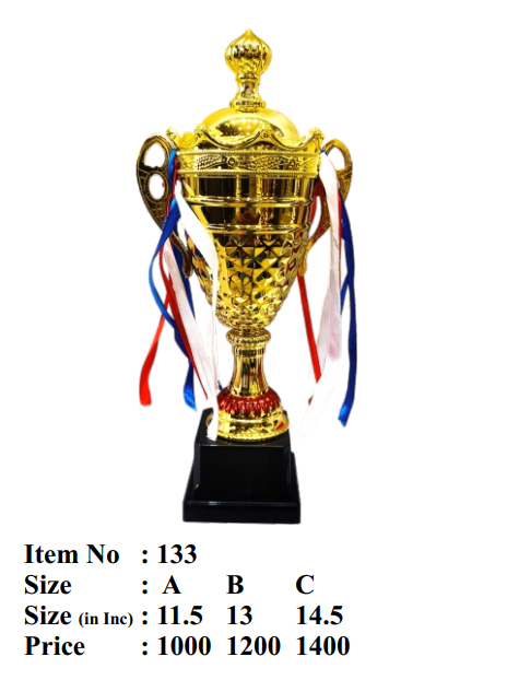 Gold trophy with ribbons on a white background