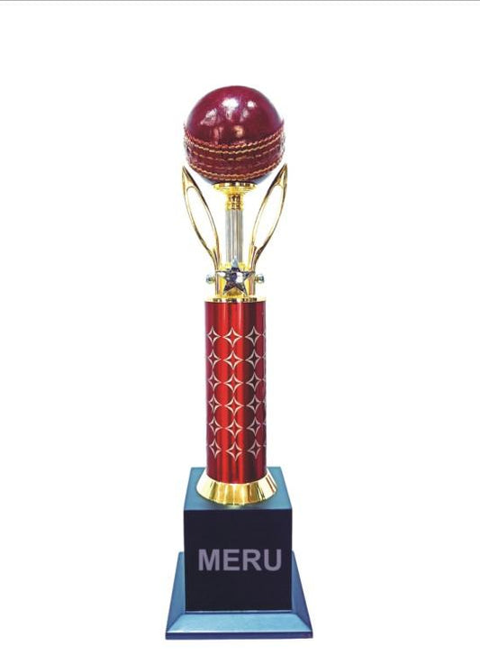 Golden cricket trophy with a miniature cricket ball; perfect for sports awards.