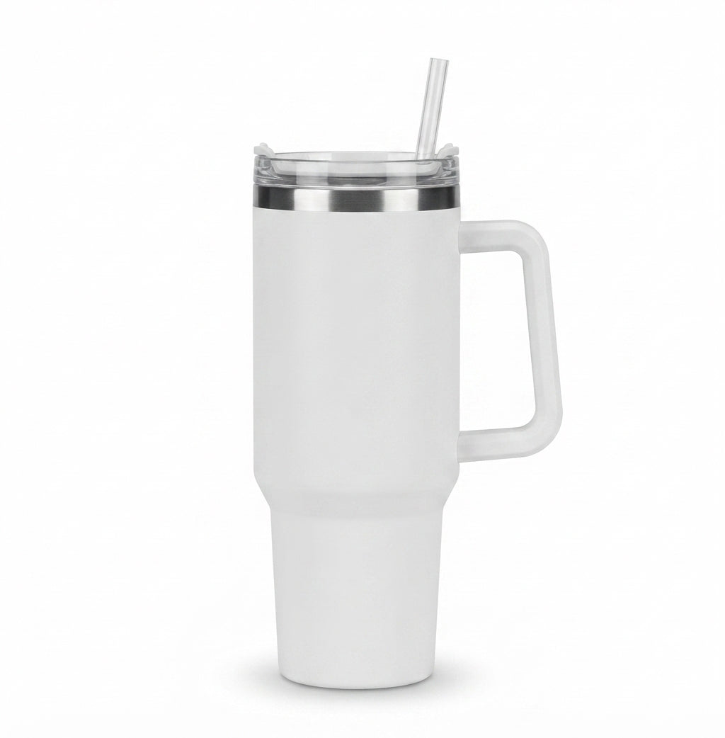 Large Travel Mug with Handle and Straw Lid - White - Meru Trophy corporate gifting