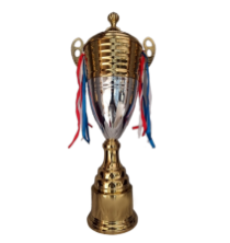 Gold and silver metal trophy with red; white; and blue ribbons. Perfect for awards and recognition or sports awards.