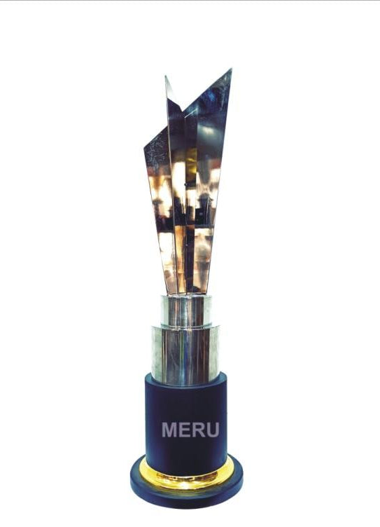 Silver and gold metal trophy award; perfect for sports recognition.
