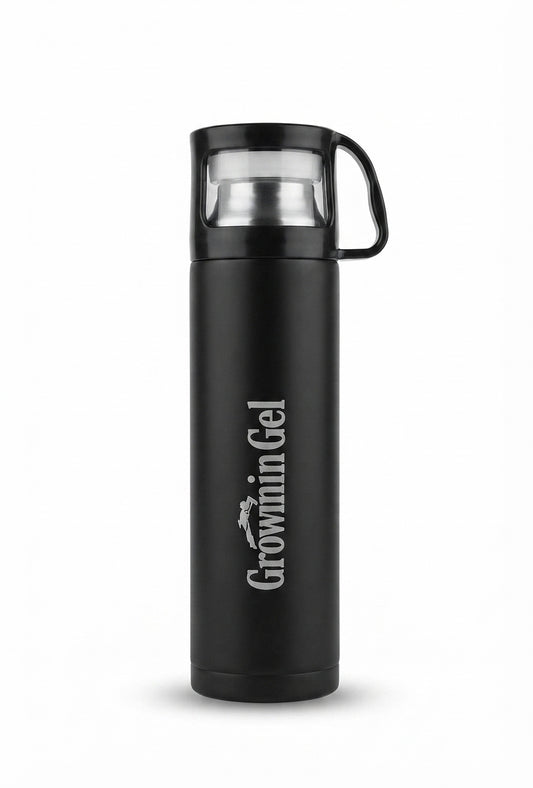 Vacuum Flask with Steel Cup Lid and Handle - Black - Meru Trophy corporate gifting