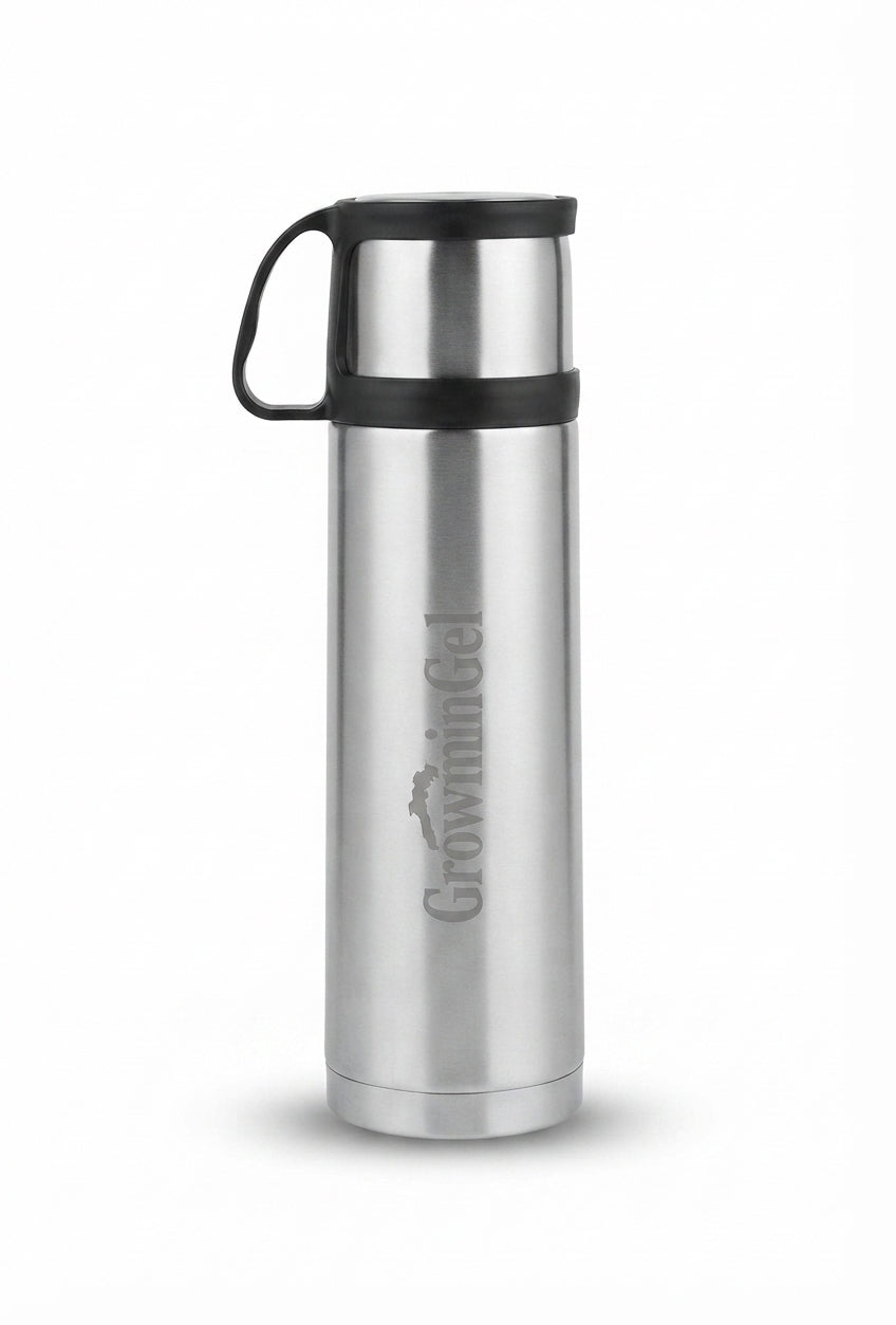 Vacuum Flask with Steel Cup Lid and Handle - Silver - Meru Trophy corporate gifting