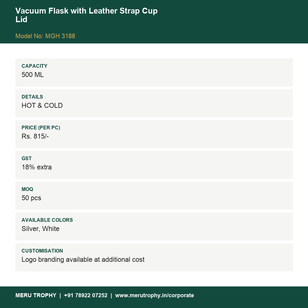 Vacuum Flask with Leather Strap Cup Lid - spec card - Meru Trophy corporate gifting