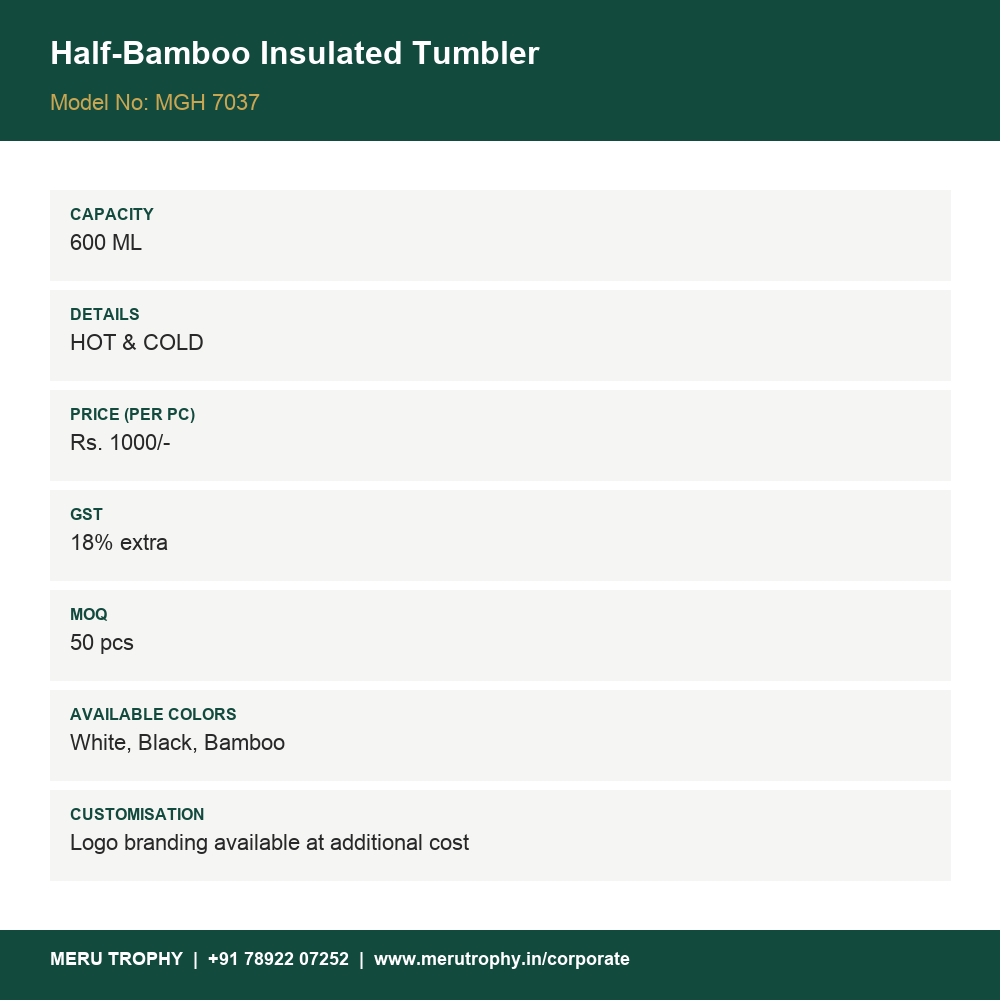 Half-Bamboo Insulated Tumbler 600 ml - spec card - Meru Trophy corporate gifting
