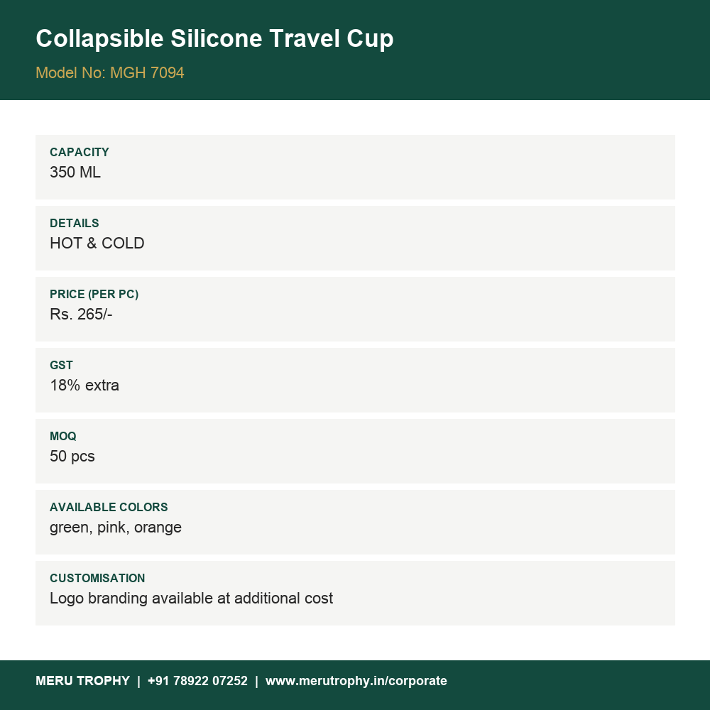 Collapsible Silicone Travel Cup - product details card - Meru Trophy corporate gifting