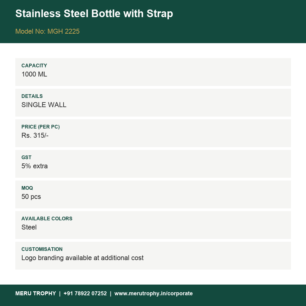 Stainless Steel Bottle with Strap - product detail card - Meru Trophy corporate gifting