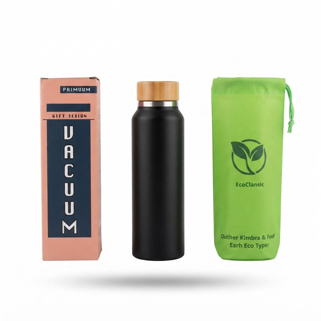 Wooden Lid Vacuum Bottle with Gift Box and Pouch - Black - Meru Trophy corporate gifting