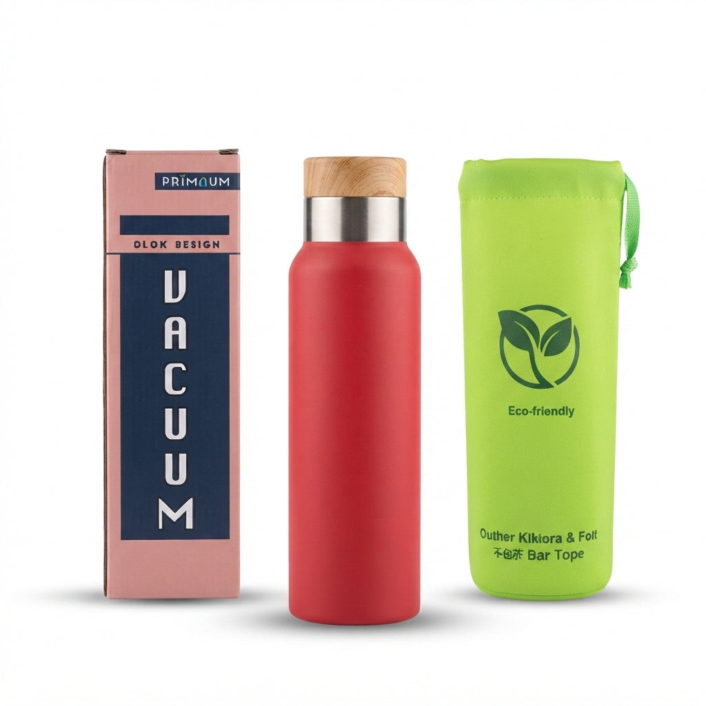 Wooden Lid Vacuum Bottle with Gift Box and Pouch - Red - Meru Trophy corporate gifting